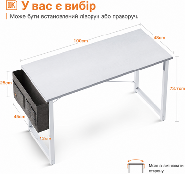Комп'ютерний стіл ODK білий 100×48×74 см з підставкою для навушників і кишенею, дерев'яний письмовий стіл для домашнього офісу