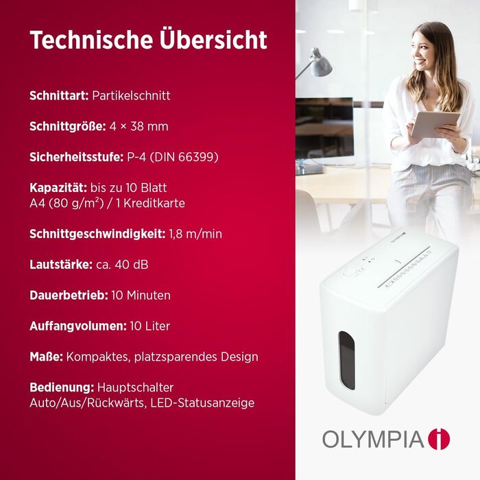 Шредер для паперу та кредитних карток Olympia CC 1010 S, знищення 10 аркушів, кошик 10 л, рівень секретності P4 (мікрорізка), білий