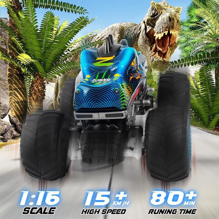 Радіокерований позашляховик Динозавр 1:16 RC Monster Truck з розпилювачем, музикою, LED-підсвіткою, 2.4GHz, 20км/год для дітей від 3 років