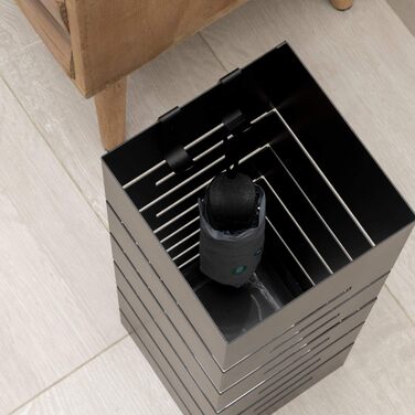 Підставка для парасольок Baroni Home з металу, сучасний дизайн, геометричне різьблення, з гачками та знімним піддоном, для дому та офісу, чорна, 15,5x15,5x49 см