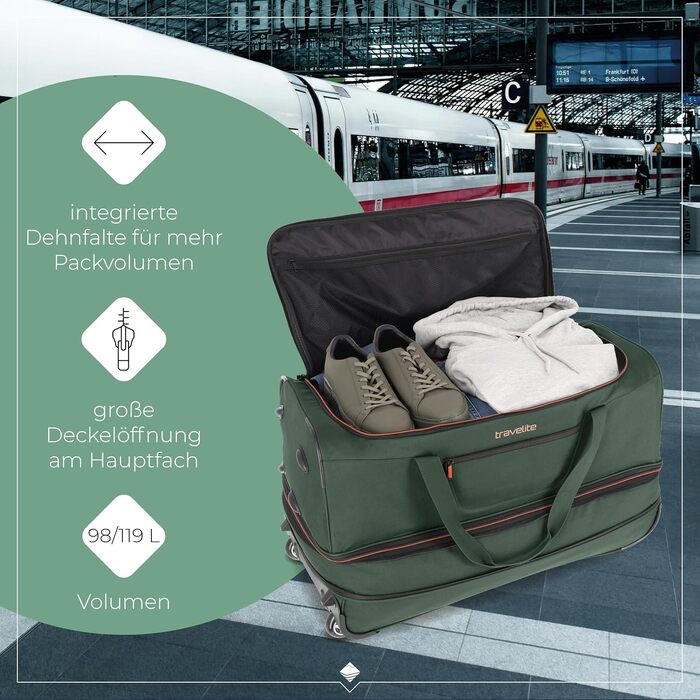 Дорожня сумка на колесах Travelite Basics Duffle L, 98-119 л, 70 см, Зелено-помаранчева