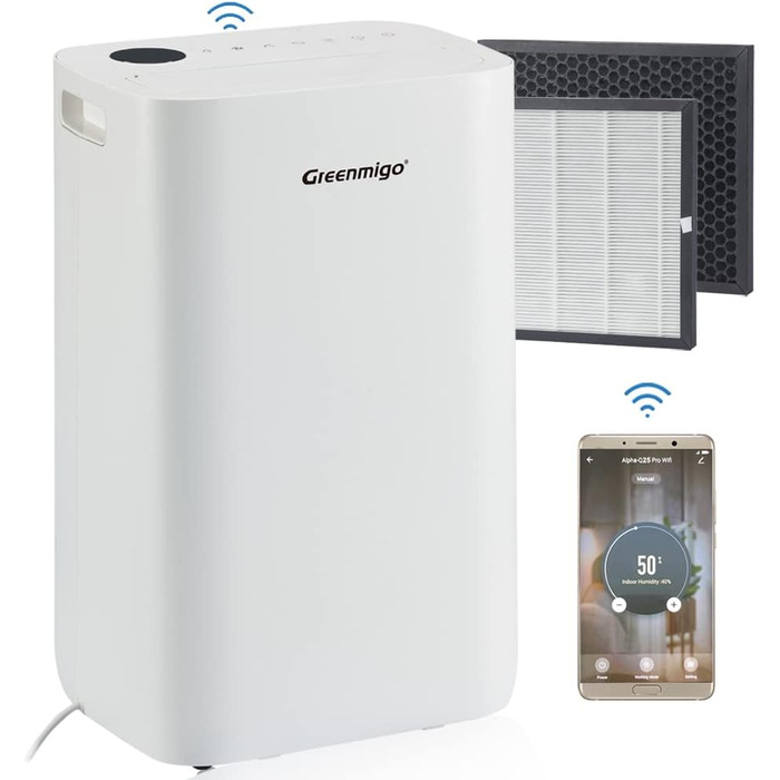 Осушувач повітря Greenmigo 25 л/доба з WiFi, HEPA-фільтром, іонізатором, для приміщень до 70 м², електричний очищувач повітря, мобільна сушка білизни, керування через додаток, таймер 24 год