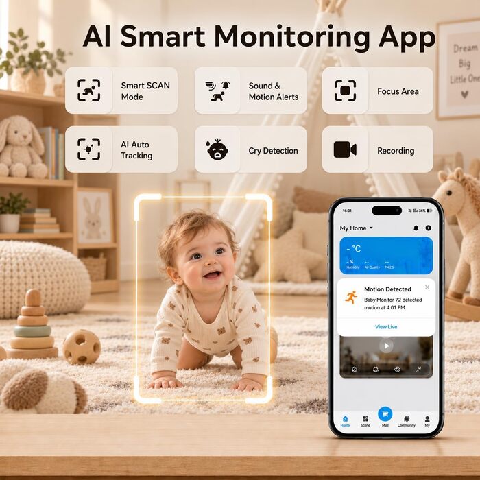Відеоняня HelloBaby WiFi з камерою, нічним баченням та датчиком руху, двосторонній аудіозв'язок, керування через додаток, підтримка Cloud/SD карти пам'яті (Білий)