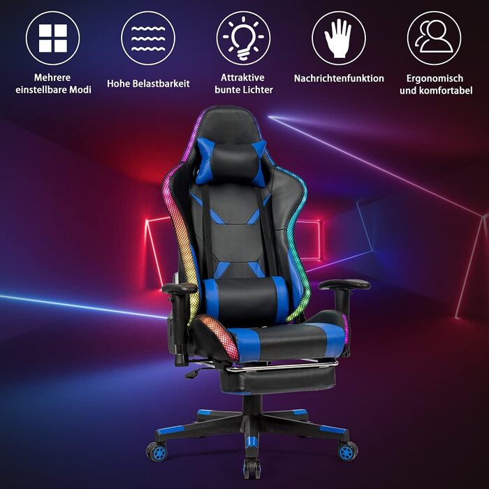 Ігрове крісло RELAX4LIFE 360° з LED підсвіткою, регульованими підлокітниками, спинкою і підніжкою, ортопедичною поперековою та головною підтримкою, для комп'ютера та офісу, синє