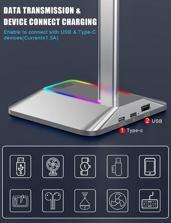 Підставка для навушників New bee RGB з USB Type-C, універсальна підставка для геймерських навушників, зарядка та передача даних, колір сріблястий