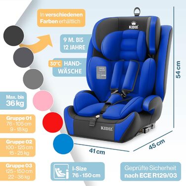 Автокрісло KIDIZ® 1+2+3 для дітей 9-36 кг з 5-точковим ременем безпеки, регульованою підголовником (синій), Isofix