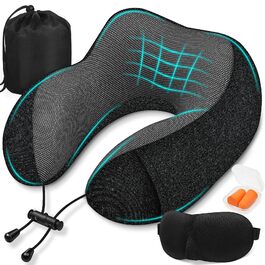 Подорожня подушка під шию з ефектом пам'яті (Memory Foam) для літака та авто, чорна, з 3D-маскою для сну та берушами