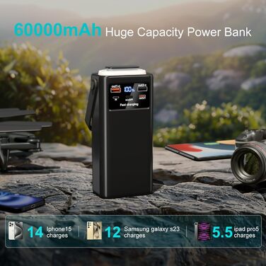 Портативний зарядний акумулятор 60000mAh 45W з LED-дисплеєм та ліхтариком, 7 виходів, чорний. Powerbank для кемпінгу та подорожей