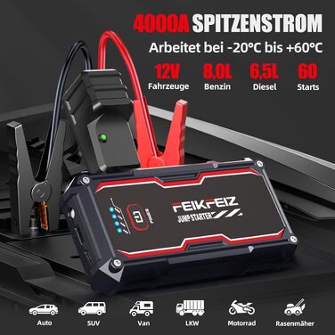 Бустер для автомобіля FEIKFEIZ Auto Starthilfe Powerbank 6000A, 26800mAh, пусковий пристрій для 12V акумуляторів (бензин та дизель до 8.0L) з USB-портом та LED-ліхтарем