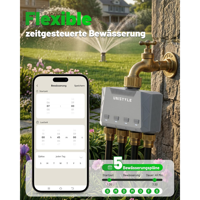 Розумний таймер для поливу GardenLife з Wi-Fi, 4 канали, керування через додаток та голосові команди, 5 програм поливу для газону та саду