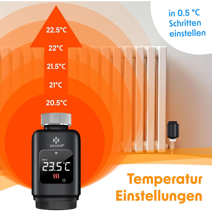 KESSER® WiFi термостат на радіатор опалення з керуванням через додаток Smart Home | Комплект з 6 вентилів | Сумісний з Alexa та Google Assistant | Економія енергії (Чорний)