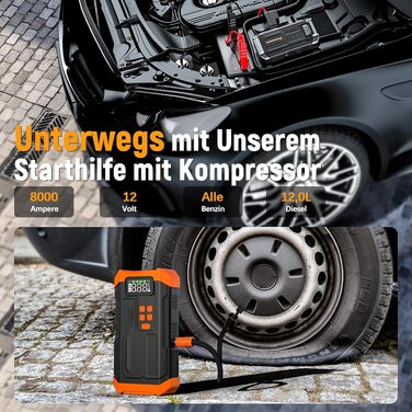 Пусковий пристрій (бустер) Povasee Starthilfe Powerbank 5000A для автомобіля (бензин/дизель до 10л), 12V з LCD-дисплеєм, USB-портами та LED-ліхтарем, помаранчевий