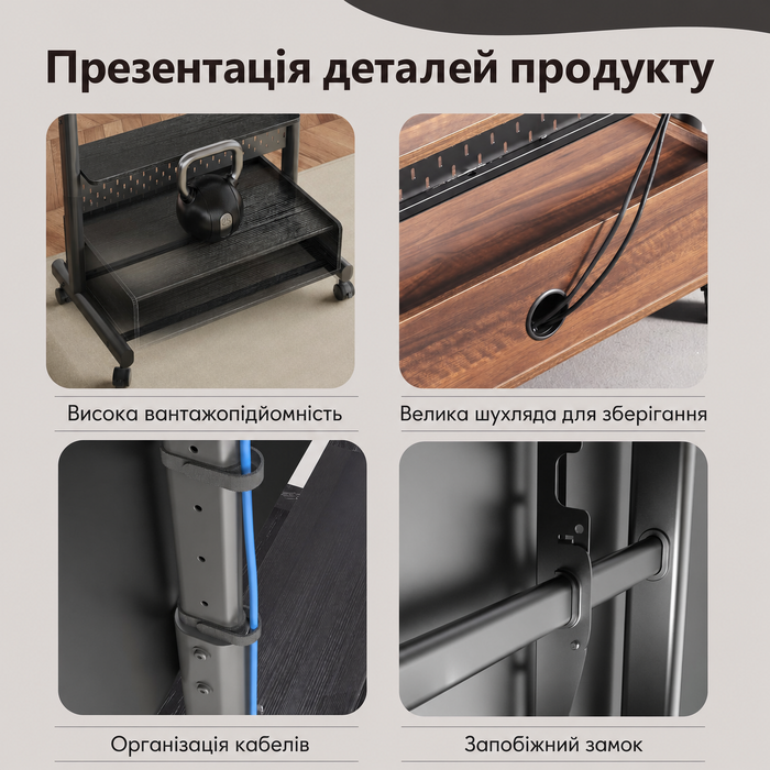 Підлогова стійка для телевізора FITUEYES на колесах, для TV 40-85 дюймів, регульована висота, до 60 кг, VESA 600x400 мм