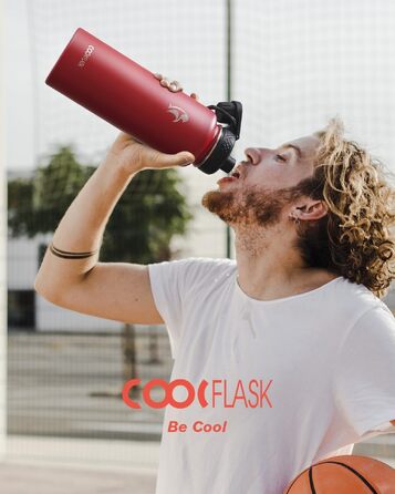 Термопляшка Coolflask з соломинкою та 3 кришками, 1.2 л, нержавіюча сталь, червона — ізольована спортивна пляшка для води, офісу та подорожей, герметична