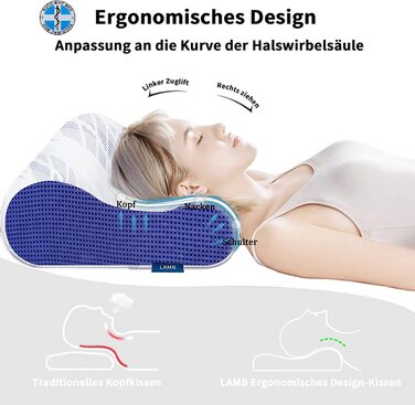Подушка для шиї LAMB з Memory Foam, регульована висота, ергономічна, знімний чохол 60x36x12/10 см, блакитна