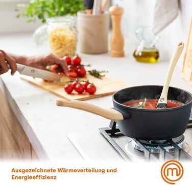Каструля MasterChef 18 см з кришкою, алюмінієва, індукційна, антипригарна, чорна, дерев'яна ручка, для пасти та супу, підходить для всіх плит, набір каструль і сковорідок, колекція Natural