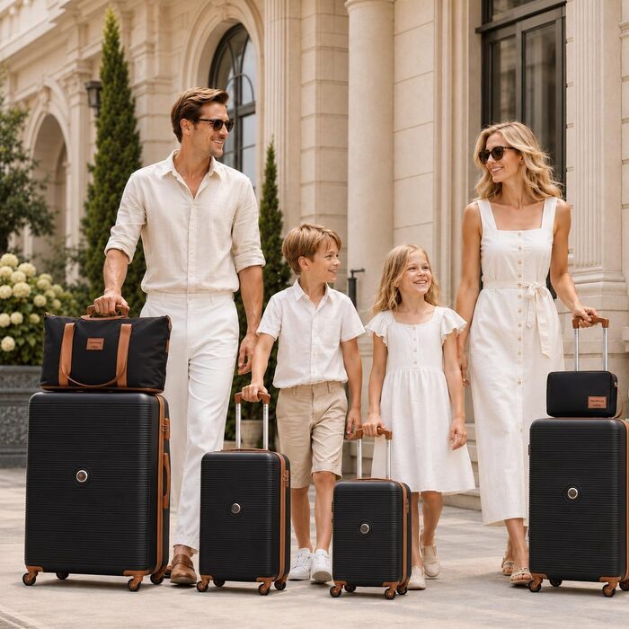 Набір валіз Travelhouse Bari Premium (6 предметів): міцний легкий дорожній сет з ABS-пластику, 4 тролеї з TSA-замком та колесами 360°, сумка для подорожей та косметичка, чорний