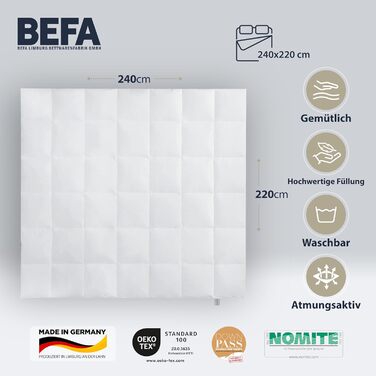 Зимова пухова ковдра BEFA NATUR 240x220 см, 60% пух, 40% перо, антиалергенна, сертифікат OEKO-TEX, Made in Germany