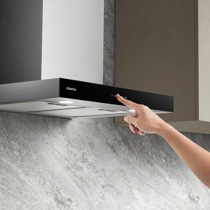 Витяжка кухонна CIARRA CBCS6102 A+++ 60 см, нержавіюча сталь, 650 м³/год, з вугільним фільтром CBCF003, сенсорне керування, режим рециркуляції та відведення