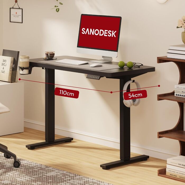 Регульований по висоті письмовий стіл SANODESK (110×54 см, чорний) з цільною стільницею, полицею та кабелем-менеджментом, витримує до 100 кг