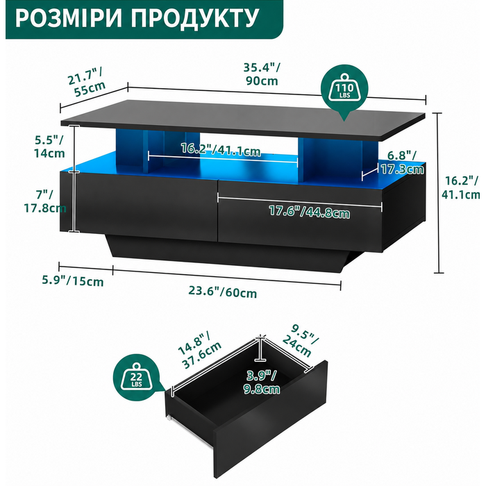 YITAHOME журнальний стіл білий, глянцевий з LED підсвіткою 16 кольорів, сучасний столик у вітальню з відкритою полицею та 4 висувними шухлядами, 90x55x41,1 см
