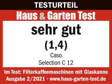 Кавоварка CASO Selection C 12 з нержавіючої сталі, на 12 чашок, з водяним баком 1,5 л, терморегуляцією 92-96°C, LED-годинником, таймером та скляною колбою