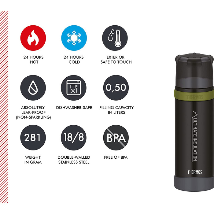 Термос Thermos Mountain 500 мл чорний, сталева пляшка з чашкою, 24 год гаряче/холодне, легка та міцна, BPA-free, для активного відпочинку