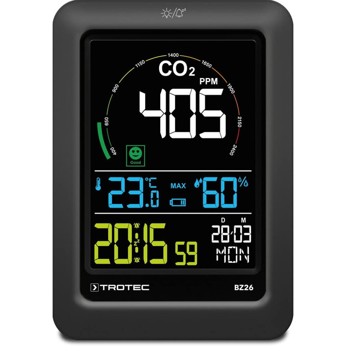 Вимірювач CO2 Trotec BZ30 – монітор якості повітря, вологості та температури, діапазон вимірювання 0-9999 PPM, похибка +-75 PPM + 5%, даталогер на 50000 вимірювань (з індикатором комфорту)
