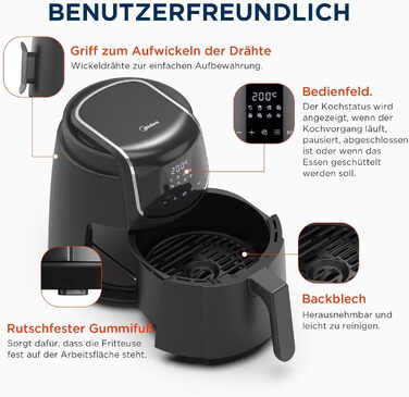 Фритюрниця Midea Air Fryer 4L XL з LED-дисплеєм, 8 програм, HeatXpress, 35-200°C, для запікання, грилю, розморожування, 41 рецепт, 90% менше олії, посудомийна безпека