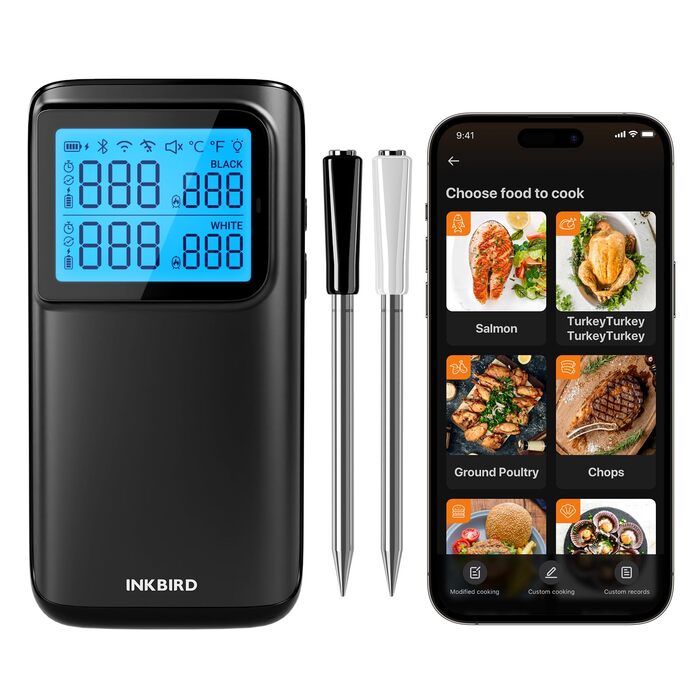 Бездротовий термометр для м'яса INKBIRD INT-12E-BW з Wi-Fi, Bluetooth, 2 зонди, 5 сенсорів. Для гриля, BBQ, духовки, кухні, ротатерії, Airfryer.
