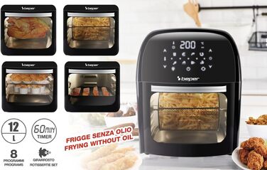 Аерофритюрниця BEPER P101FRI012 цифрова, 12 л, 1800 Вт, гриль, тостер, сушарка, 8 програм, сенсорна панель, аксесуари, чорна