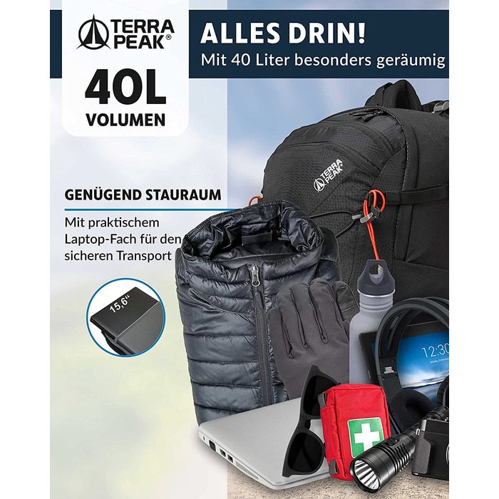 Туристичний рюкзак Terra Peak Flex 40L чорний, з вентиляцією спини, регочохлом і кріпленням для питної системи, 3D Air Mesh, для походів, з поясом, преміум-якість