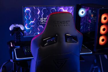 Ігрове крісло SENSE7 Sentinel, ергономічний геймерський стілець з регульованою поперековою підтримкою, нахилом спинки, механізмом гойдання, PU-шкіра, до 150 кг, чорний-синій
