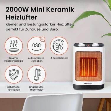 Міні керамічний обігрівач Pro Breeze 2000Вт, енергоощадний, з автоматичною осциляцією, 2 режими потужності, тиха електропічка для вітальні, офісу, тераси, білий