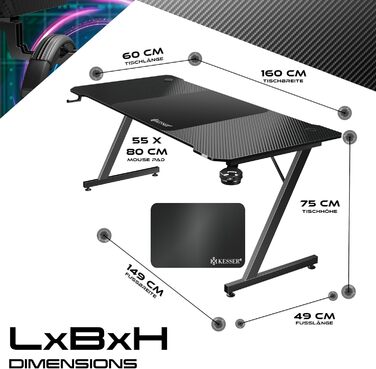 Ігровий стіл KESSER 100x60 см, Z-подібний, карбон, гачок для навушників, підсклянник, ергономічний комп'ютерний стіл, чорний