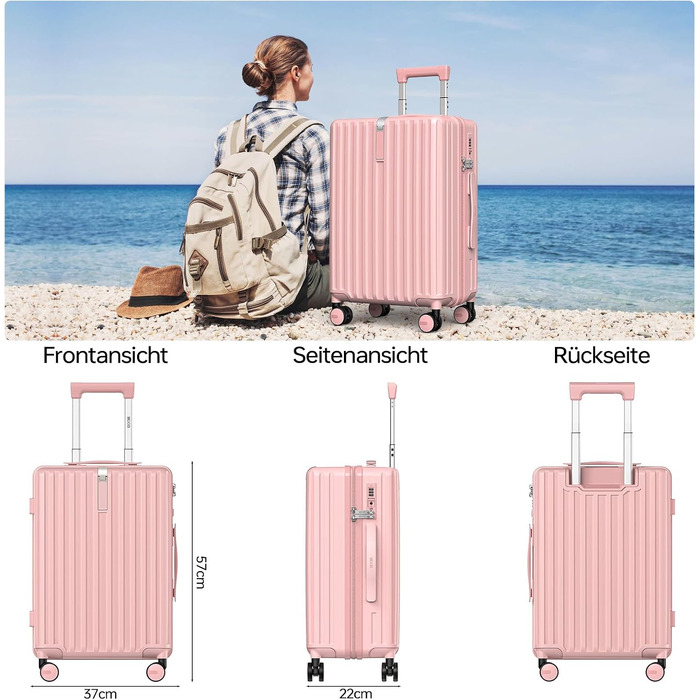 Валіза для ручної поклажі з полікарбонату, жорстка оболонка, 57x37.5x22.5 см, 41 л, рожева