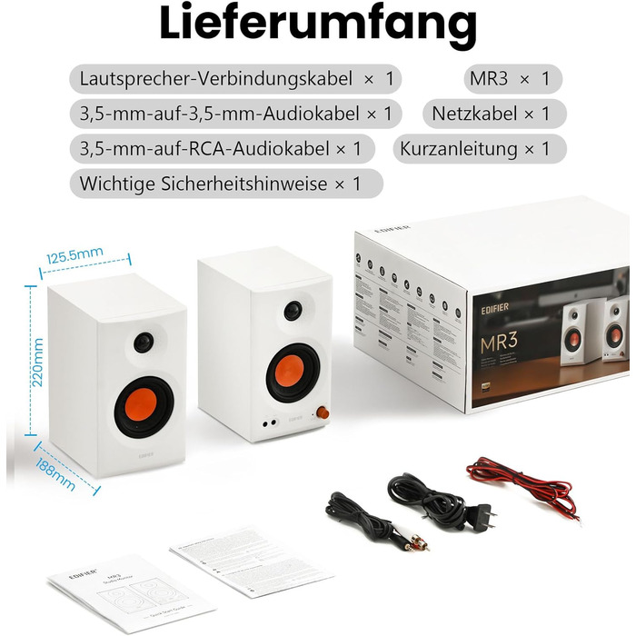 Edifier MR3 - Компактні студійні колонки 2.0, Hi-Res Audio, Bluetooth 5.4, RCA, AUX, керування через додаток, 2 x 18W (білі)