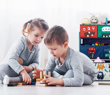 Дитяча полиця Relaxdays з 9 текстильними коробами, монстри, 70x92,5x30 см, іграшковий органайзер для кімнати, синій, бірюзовий, оранжевий