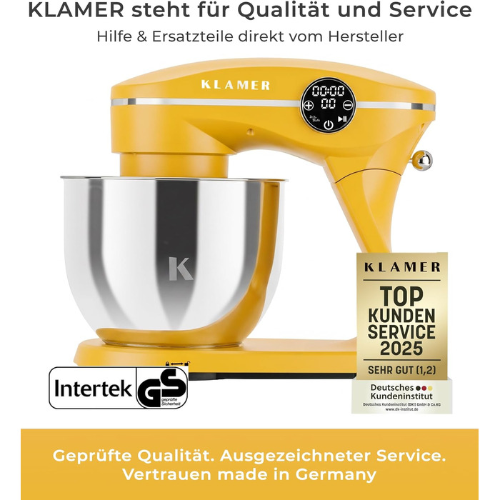 Кухонний комбайн KLAMER 1800W: планетарний міксер для тіста з чашею з нержавіючої сталі 6л, 10 швидкостей, таймером та набором насадок (Premium Yellow)