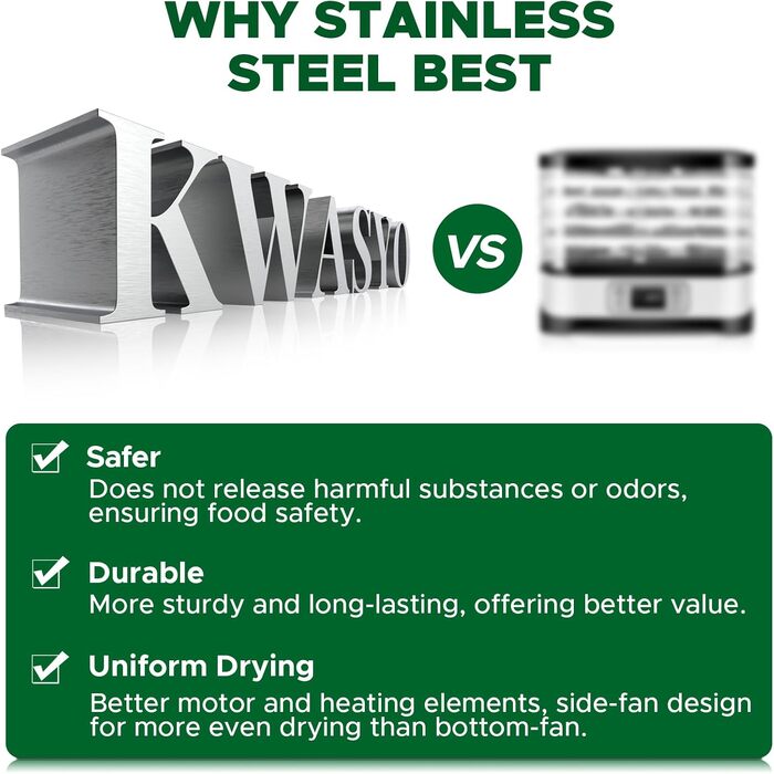 Сушарка для продуктів Kwasyo Edelstahl 750W, 12 ярусів, професійна, з таймером, регулюванням температури та захистом від перегріву + книга рецептів