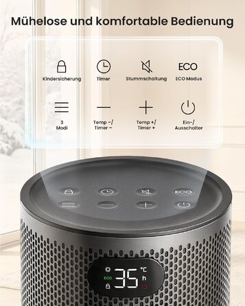 Електричний обігрівач повітря Ateroll 2000W, компактний енергоощадний тепловентилятор з 3 режимами роботи, чорний (круглий)