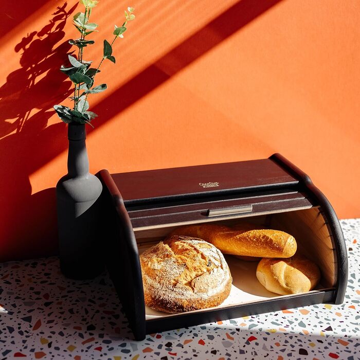 Дерев'яний хлібниця Creative Home Schwarz з роллетною кришкою, 38x28,5x17,5 см – натуральна скринька для зберігання хліба, булочок та випічки для кухні