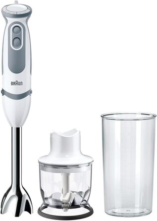 Блендер Braun MultiQuick 5 Vario MQ 5220WH, 1000 Вт, з нержавіючою насадкою, біло-сірий, комплект 2 аксесуари