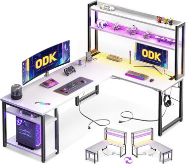 ODK Кутовий комп'ютерний стіл L-подібний з LED-підсвіткою, USB зарядкою та розеткою, білий, для геймінгу та домашнього офісу, 168×120 см
