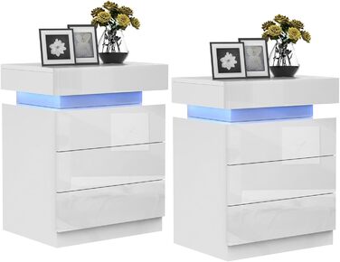 Тумбочки білі з LED-підсвіткою, комплект 2 шт, нічна комод-тумба з 3 шухлядами та відкидною кришкою для спальні та вітальні, 45x35x61 см
