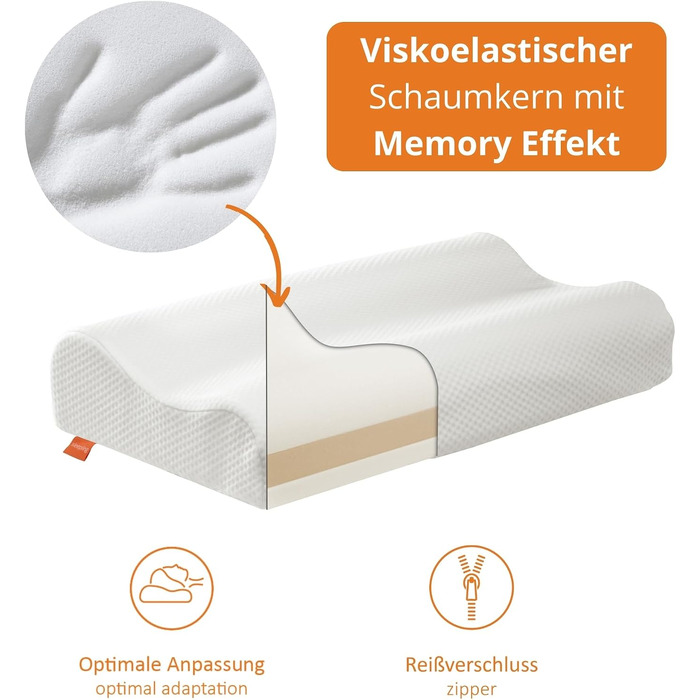 Ортопедична подушка для шиї з ефектом пам'яті Memory Foam, ергономічна подушка для сну проти болю в шиї, регульована по висоті, з чохлом, 33x60 см