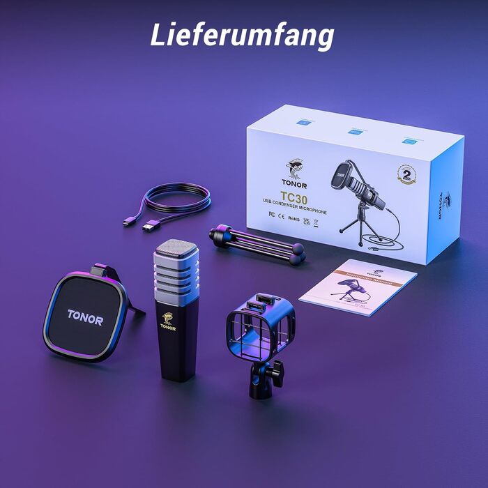 Ігровий USB-мікрофон TONOR TC30 з RGB підсвіткою для ПК, стрімінгу, подкастів, студії, конденсаторний, кардіоїдна спрямованість, з підставкою, для ігор, YouTube, конференцій, співу, сумісний з PS4, PS5