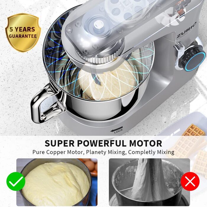 Кухонна машина Zurio 5.5L: міксер, планетарний міксер, 1300W, 10 швидкостей, з набором аксесуарів (крюк, вінчик, міксер)
