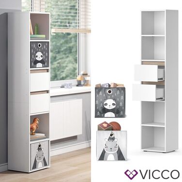Дитячий стелаж Vicco Robert, білий/дуб сонома, 36.2x171 см, з складними коробами (сірі, різнокольорові)
