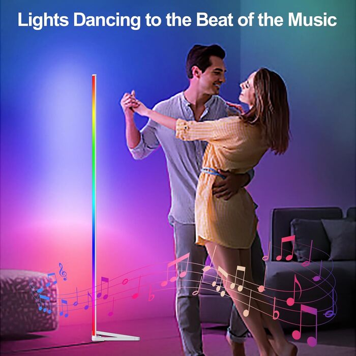 MIWATT LED торшер для вітальні 143 см, RGB, димер, керування пультом і додатком, 16 млн кольорів, музичний і DIY-режими, таймер, для спальні, ігрової кімнати, офісу, білого кольору